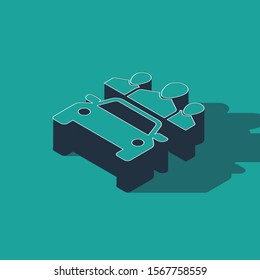 Isometric Car sharing with group of people icon isolated on green background. Carsharing sign. Transport renting service concept.  Vector Illustration