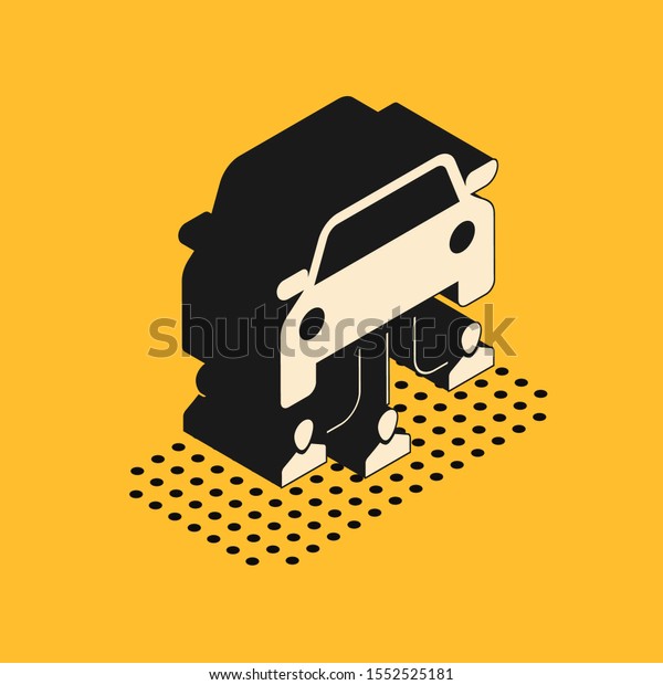 Isometric Car sharing with group of\
people icon isolated on yellow background. Carsharing sign.\
Transport renting service concept.  Vector\
Illustration