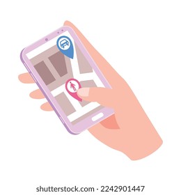 Isometric car sharing icon con mano humana sujetando el smartphone 3d ilustración vectorial