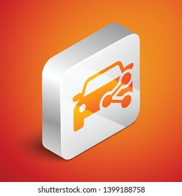 Isometric Car sharing icon isolated on orange background. Carsharing sign. Transport renting service concept. Silver square button. Vector Illustration
