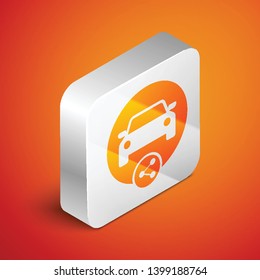 Isometric Car sharing icon isolated on orange background. Carsharing sign. Transport renting service concept. Silver square button. Vector Illustration