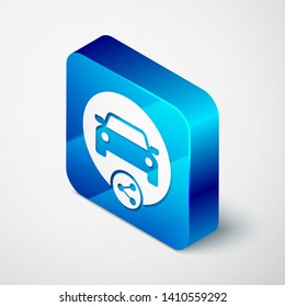 Isometric Car sharing icon isolated on white background. Carsharing sign. Transport renting service concept. Blue square button. Vector Illustration