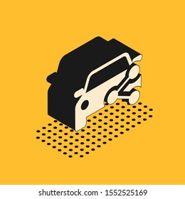 Isometric Car sharing icon isolated on yellow background. Carsharing sign. Transport renting service concept.  Vector Illustration