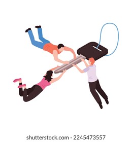 Isometric car sharing icon with three people holding one automobile key 3d vector illustration