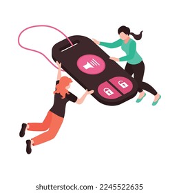 Isometric car sharing icon con dos pasajeros que utilizan el automóvil juntos 3d ilustración vectorial