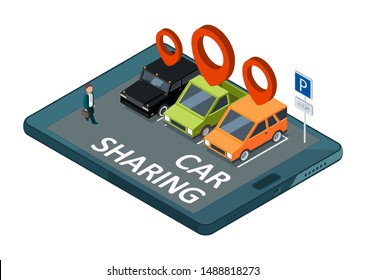 Isometric car sharing vector concept. Mobile app parking with cars and businessman illustration