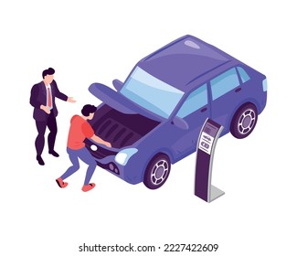 Isometric car showroom composition with automobile icon and human characters on blank background vector illustration