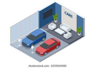 An isometric car showroom featuring a blue and red car on display. The space includes a seating area with sofas, plants, and a modern interior design. Dealership, showroom