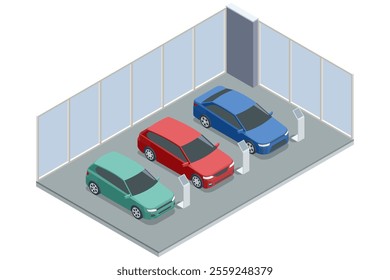 An isometric car showroom interior displaying three vehicles in green, red, and blue. Digital kiosks provide information about the cars. Dealership, showroom