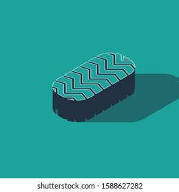 Isometric Car tire icon isolated on green background.  Vector Illustration