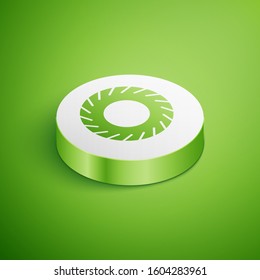 Isometric Car tire icon isolated on green background. White circle button. Vector Illustration