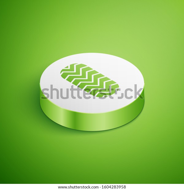 Isometric Car tire icon isolated on\
green background. White circle button. Vector\
Illustration