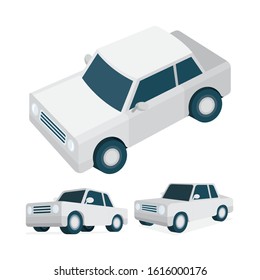 Isometric car vector illustrations collection. Low poly classic sedan car graphic. Simple drawing car top, side and front views. Part of set.