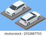 Isometric Car wagon. Auto low Car vector template on white background. Compact crossover, CUV, 5-door station wagon car. Template isolated.