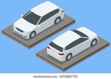 Isometric Car wagon. Auto low Car vector template on white background. Compact crossover, CUV, 5-door station wagon car. Template isolated.