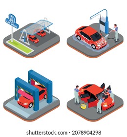 Isometric Car Wash Icon Set Soap Foam Washing Rinsing Polishing And Window Washing Vector Illustration