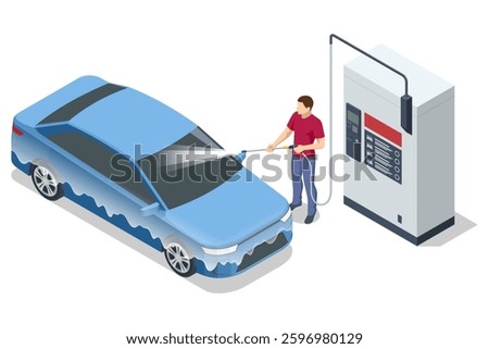 Isometric car wash station. A man is washing a car inside a garage using a high-pressure washer. The vehicle is covered with foam, and the floor has drainage grates.
