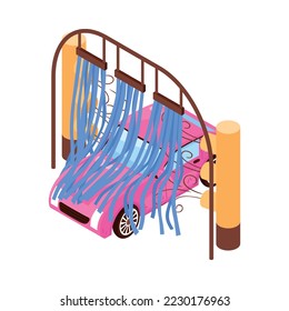 Isometric car washing services composition with isolated image of car wash on blank background vector illustration