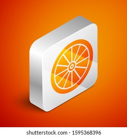 Isometric Car wheel icon isolated on orange background. Silver square button. Vector Illustration