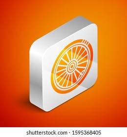 Isometric Car wheel icon isolated on orange background. Silver square button. Vector Illustration