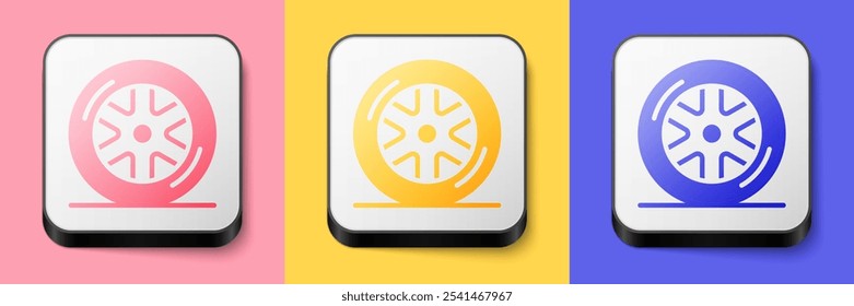 Isometric Car wheel icon isolated on pink, yellow and blue background. Square button. Vector