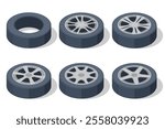 Isometric car wheels. Wheel and tire installation services. Transportation solutions, tire maintenance, and computerized balancing equipment.