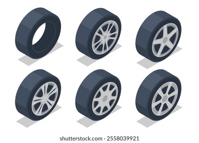 Isometric car wheels. Wheel and tire installation services. Transportation solutions, tire maintenance, and computerized balancing equipment.