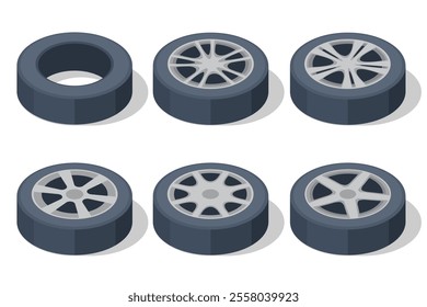 Isometric car wheels. Wheel and tire installation services. Transportation solutions, tire maintenance, and computerized balancing equipment.