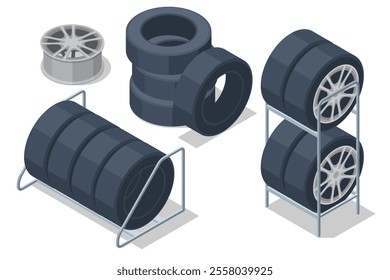 Isometric car wheels. Wheel and tire installation services. Transportation solutions, tire maintenance, and computerized balancing equipment.