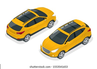 Isometric Car Yellow Hatchback 4-door Icons. Car template on white background. Hatchback isolated.