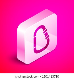 Isometric Carabiner icon isolated on pink background. Extreme sport. Sport equipment. Silver square button. Vector Illustration