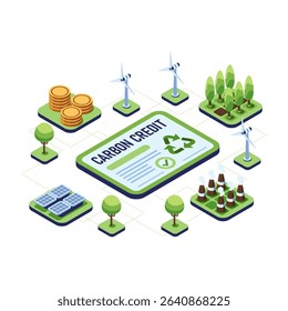 Isometric Carbon Credit with Solar Panels and Eco-Friendly Factories. Carbon Credit and Sustainable Business Concept
