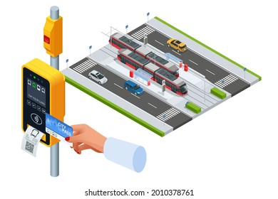 Isometric card ticket validation scanning display tram Tram ticket validator. Woman paying contactless with smartphone for public transport in the tram