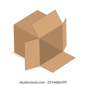 Caja de cartón isométrica. Paquete abierto del cartón. Transporte, envío y entrega, distribución. Pegatina para redes sociales. Ilustración vectorial 3D aislada sobre fondo blanco