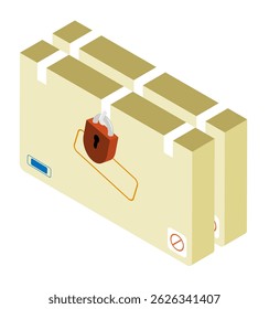 Isometric cardboard box containing documents and valuables, sealed with warning stamps and padlocked. Transportation of valuables in secret mode. Aerial view vector isolated on white background