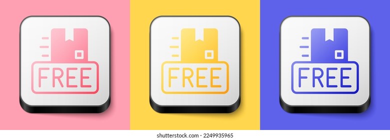 Isometric Cardboard box with free symbol icon isolated on pink, yellow and blue background. Box, package, parcel sign. Delivery, transportation and shipping. Square button. Vector
