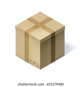 Isometric cardboard box isolated on white.