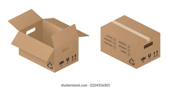 Isometric Cardboard box Isolated, Realistic. Open and closed brown carton cardboard box with hole, inscriptions Kitchen, Bedroom, Cabinet, Living Room. Relocation, Moving, Retirement