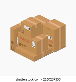 isometric cardboard box packages parcel detailed set vector flat illustration