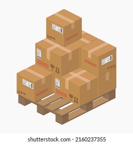 isometric cardboard box packages parcel detailed on wooden pallet vector flat illustration