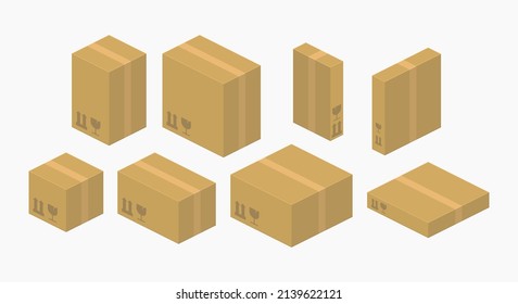 isometric cardboard box packages set vector flat illustration