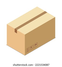 Isometric cardboard box with sticky tape for goods delivery 3d vector illustration