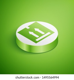 Isometric Cardboard box with traffic symbol icon isolated on green background. Box, package, parcel sign. Delivery, transportation and shipping. White circle button. Vector Illustration