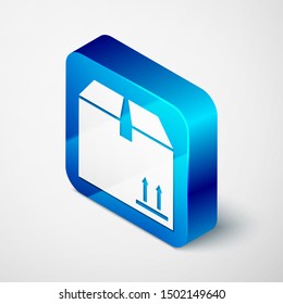 Isometric Cardboard box with traffic symbol icon isolated on white background. Box, package, parcel sign. Delivery, transportation and shipping. Blue square button. Vector Illustration
