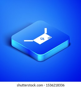 Isometric Cardboard box with traffic symbol icon isolated on blue background. Box, package, parcel sign. Delivery, transportation and shipping. Blue square button. Vector Illustration