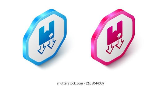 Isometric Cardboard box with traffic symbol icon isolated on white background. Box, package, parcel sign. Delivery, transportation and shipping. Hexagon button. Vector