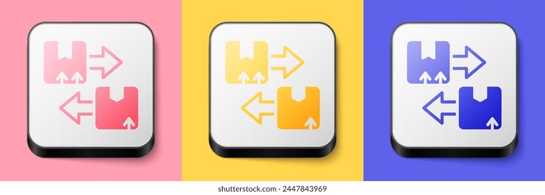 Isometric Cardboard box with traffic symbol icon isolated on pink, yellow and blue background. Box, package, parcel sign. Delivery, transportation and shipping. Square button. Vector