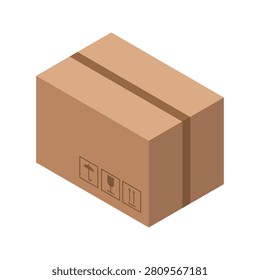 Isometric cardboard box vector icon with shipping symbols. Perfect for delivery, logistics, ecommerce, warehousing, and moving concepts. Highquality isolated graphic element.