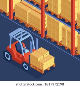 Composición de cajas de cartón isométricas con vista interior de almacén con racks rellenos de paquetes y ilustración vectorial de carretillas elevadoras