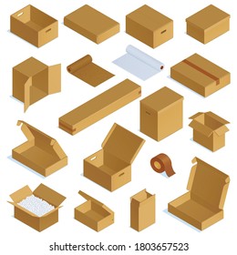 Isometric cardboard boxes containers set with isolated images of open and closed packages on blank background vector illustration - Shutterstock ID 1803657523